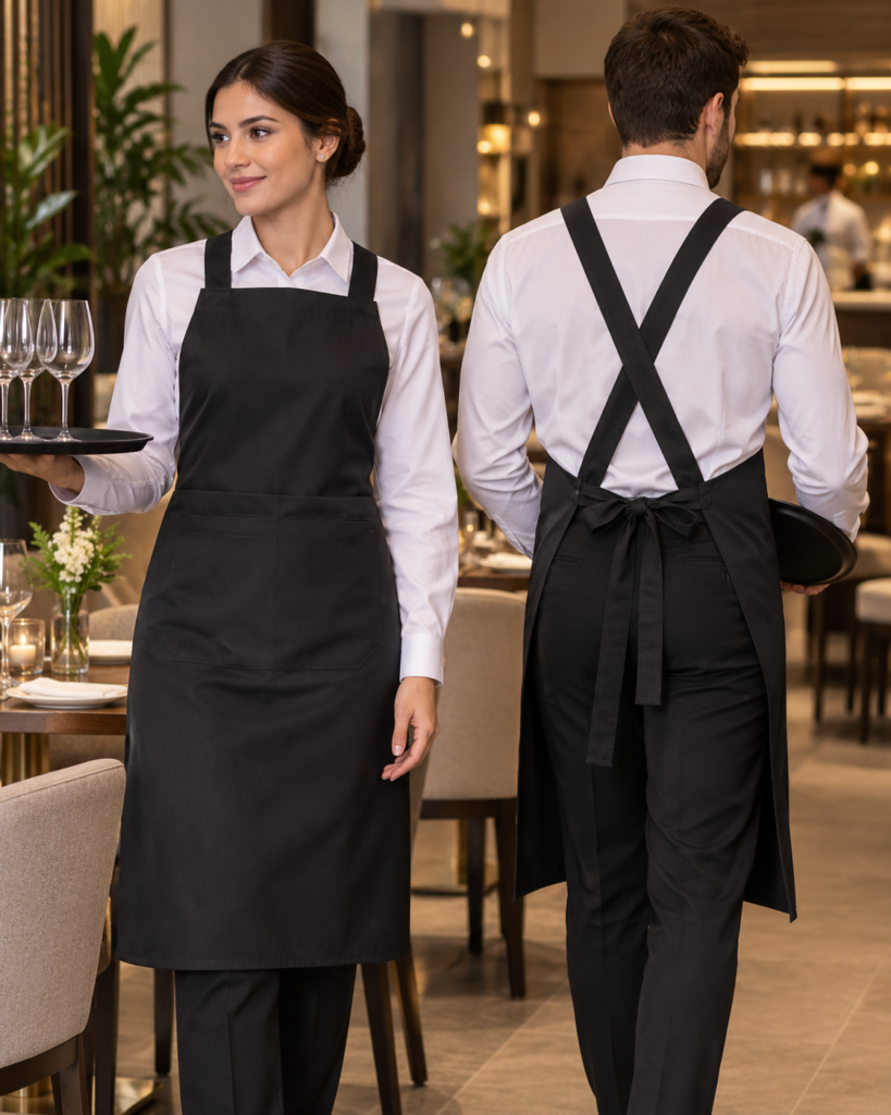 Avental preto com alças cruzadas nas costas para garçom e restaurante