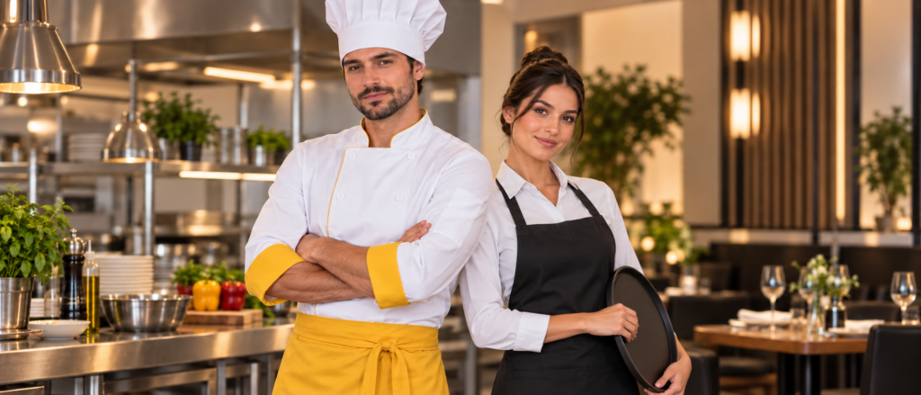 Chef e atendente com uniformes profissionais para gastronomia em restaurante