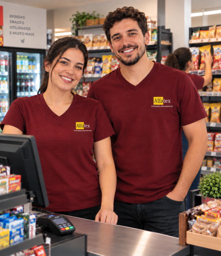 Camiseta bordô decote V personalizada para comércio em Curitiba