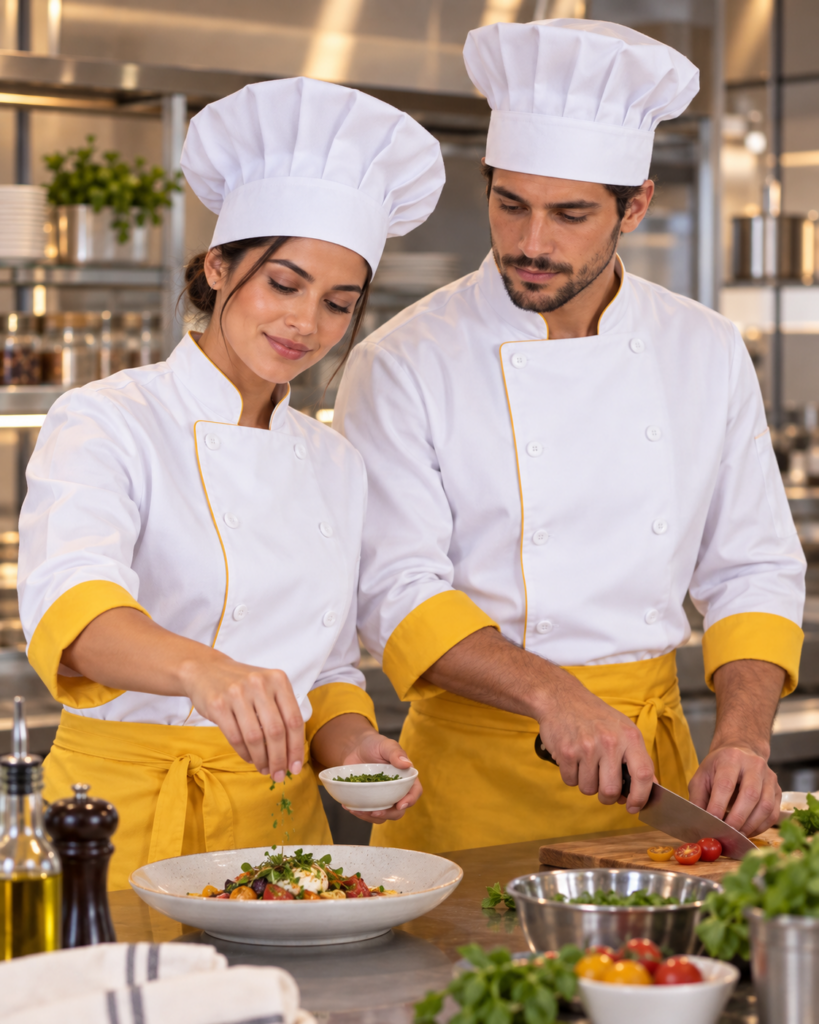 Dólmã chef branca com detalhes amarelos e touca branca para cozinha profissional