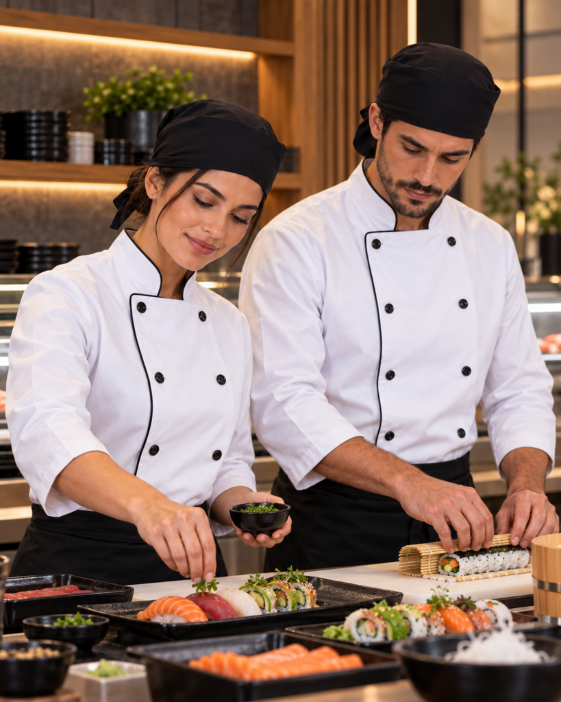 Profissionais preparando sushi em restaurante japonês com dólmã branca de manga 3/4 e detalhes pretos