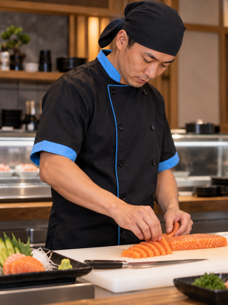 Sushiman com jaleco preto e detalhes azul-celeste preparando salmão