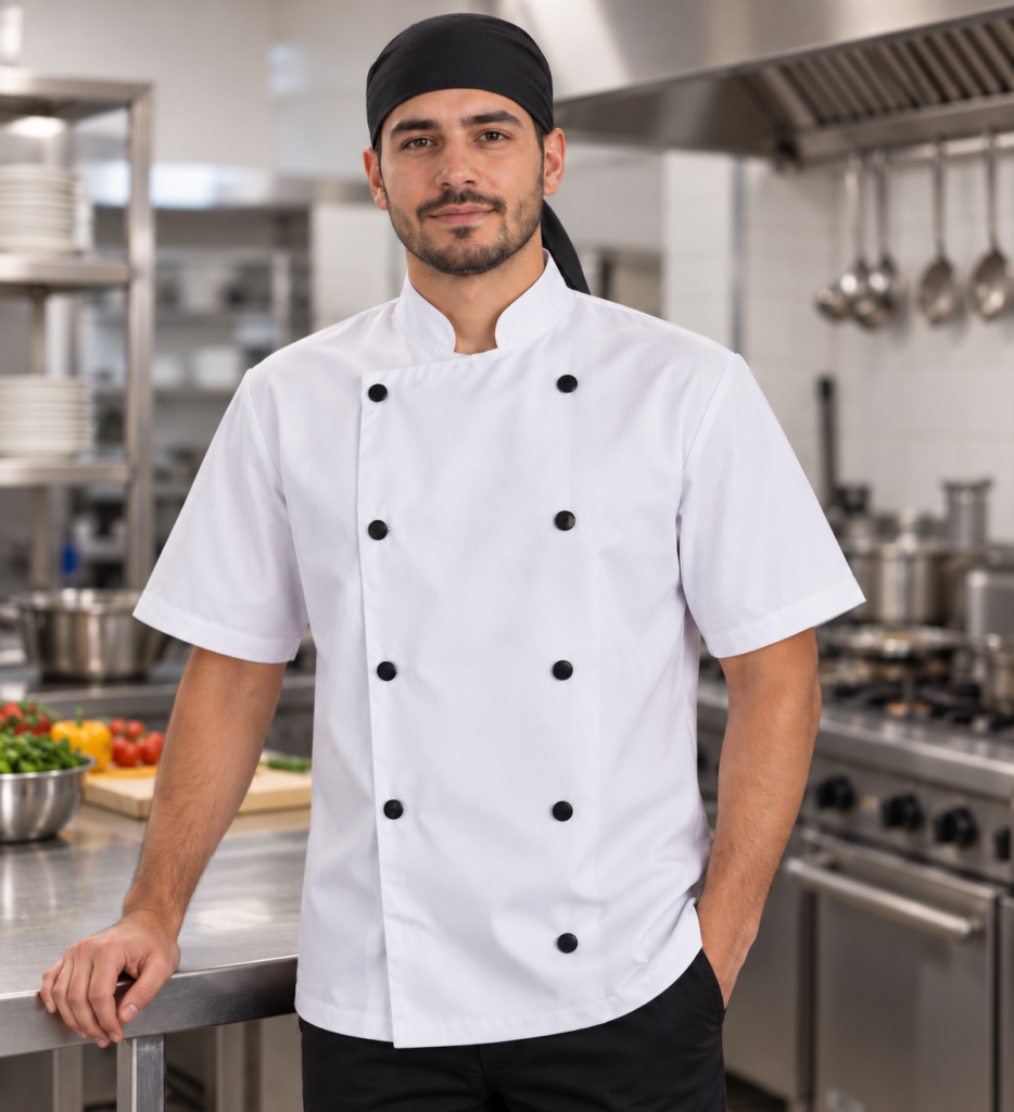 Jaleco branco com botões pretos para auxiliar de cozinha profissional