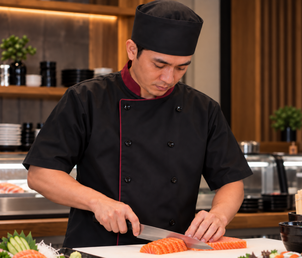 Jaleco preto para sushiman com detalhes bordô e touca preta