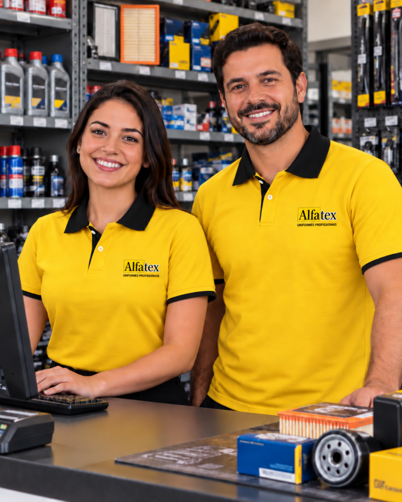 Camisa polo amarela personalizada para autopeças em Curitiba
