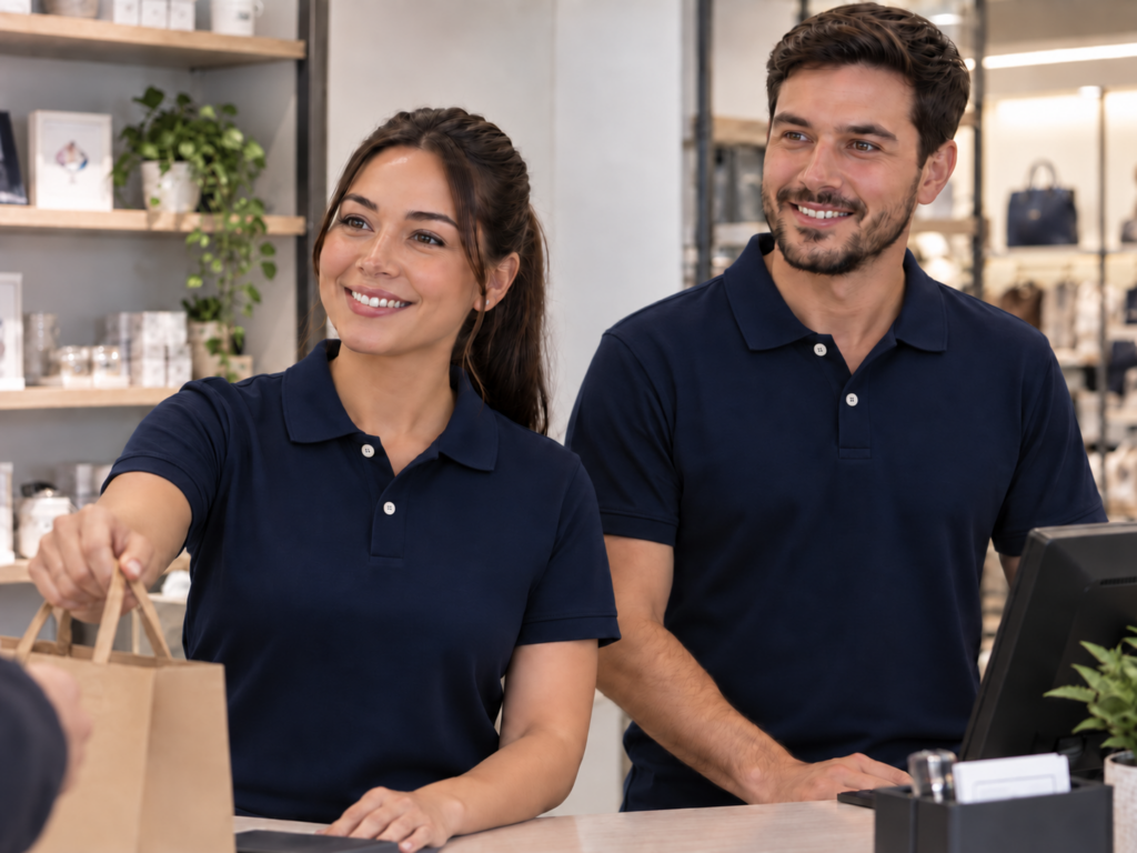 Camisa polo azul marinho para comércio e atendimento em Curitiba