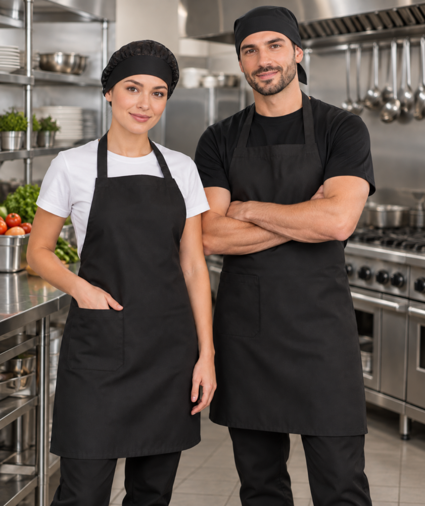 Uniforme para cozinha com avental preto, touca de rede preta e bandana preta
