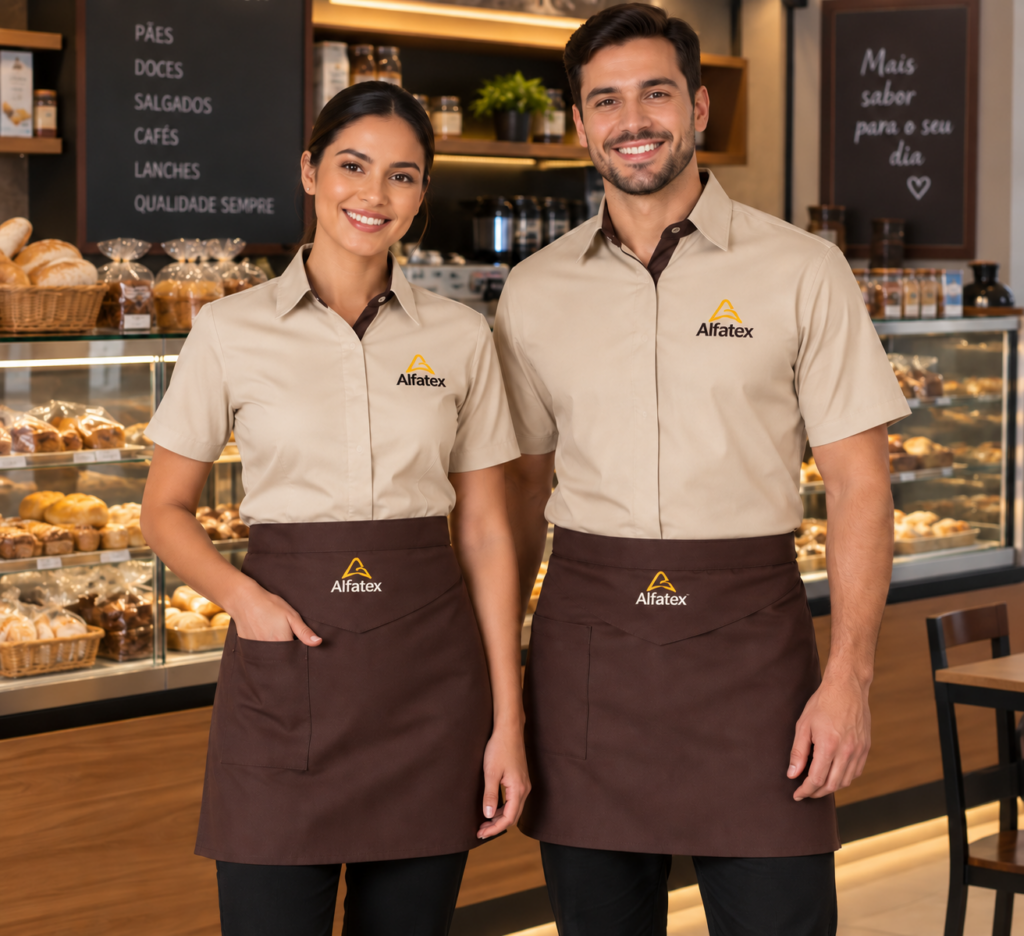 Uniforme para padaria e cafeteria com camisa bege e avental marrom