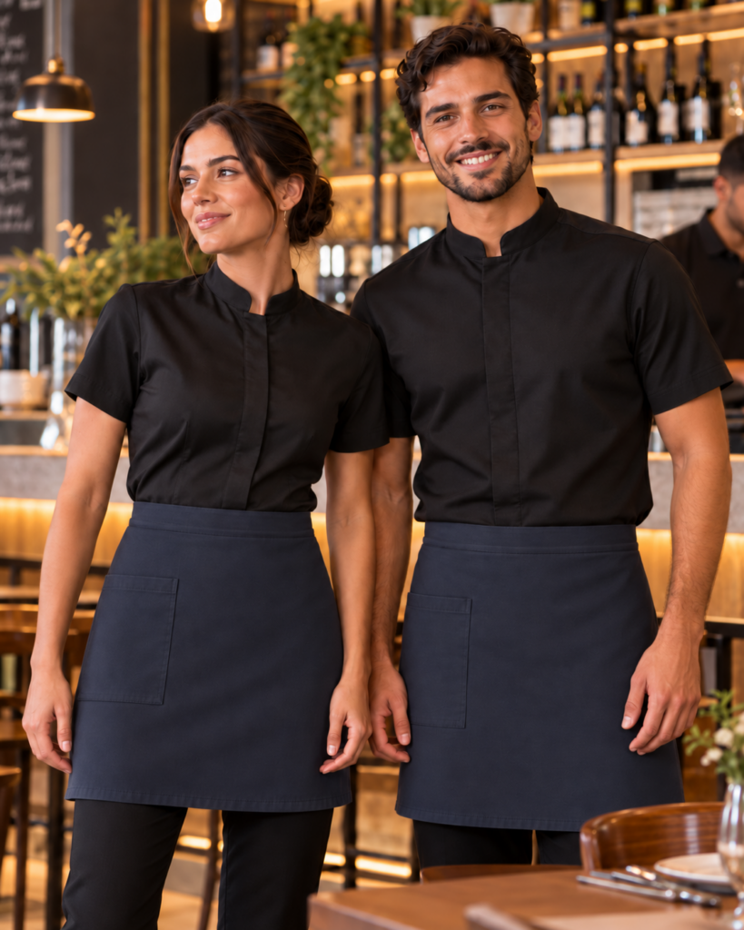 Uniforme para restaurante com camisa preta e avental azul marinho