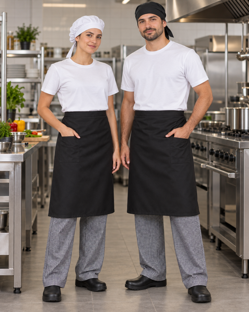 Uniforme para cozinha com calça xadrez, camiseta branca e avental preto