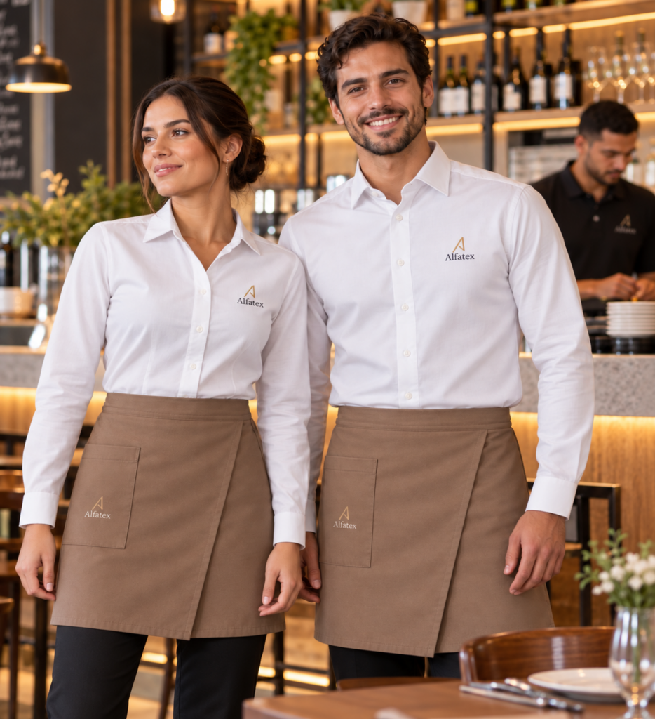 Uniforme para restaurante com camisa social branca e avental